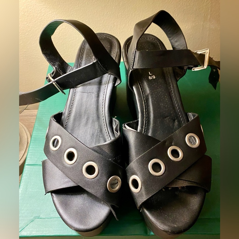 All black block heels sandals